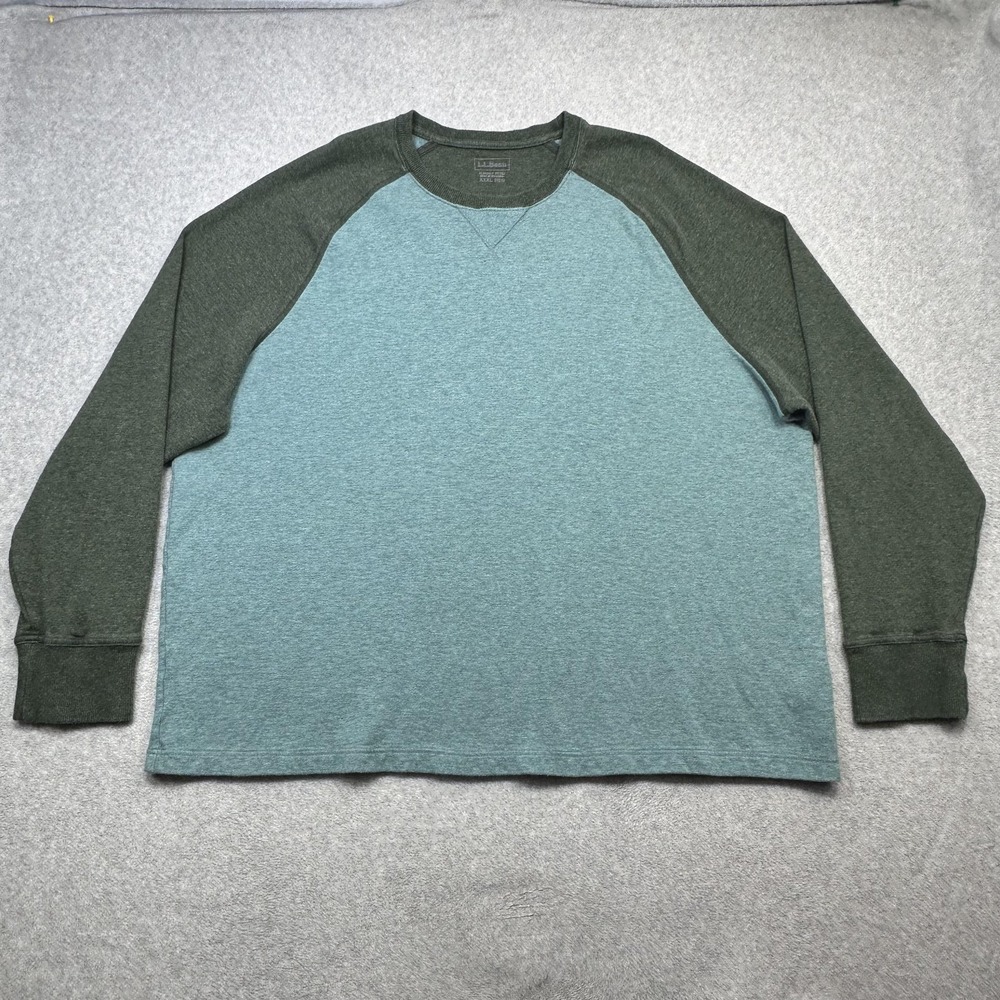 LL Bean Washed Cotton Double Knit Tee Shirt Mens 3XL Blue Green Raglan Crewneck